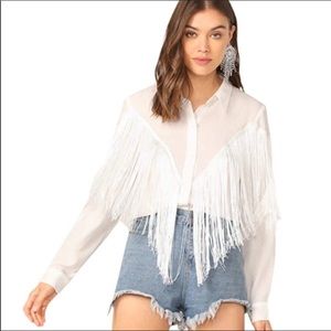 Fringe Trim Long Sleeve Button Up Blouse Shirt Top